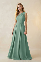 One - Shoulder Ruched A - Line Satin Bridesmaid Dress in Mint Green - KISS BRIDAL Bridesmaid Dresses