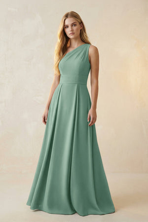 One - Shoulder Ruched A - Line Satin Bridesmaid Dress in Mint Green - KISS BRIDAL Bridesmaid Dresses