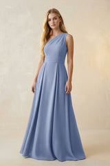 One - Shoulder Ruched A - Line Satin Bridesmaid Dress in Mist - KISS BRIDAL Bridesmaid Dresses