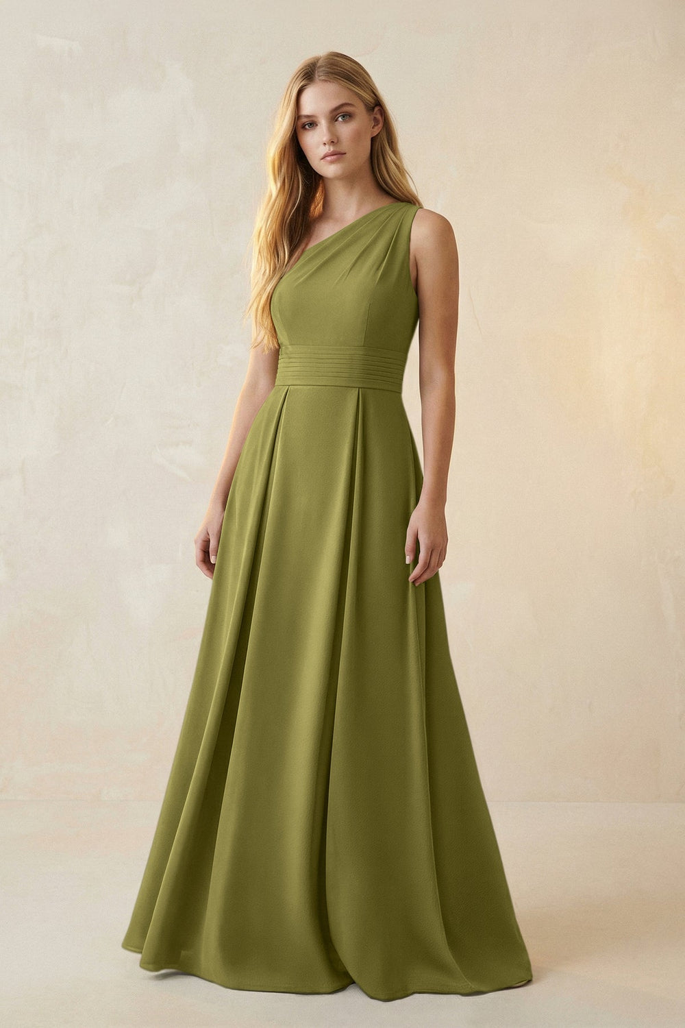 One - Shoulder Ruched A - Line Satin Bridesmaid Dress in Moss Green - KISS BRIDAL Bridesmaid Dresses