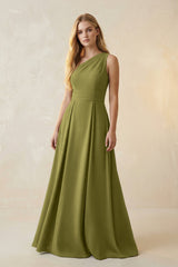 One - Shoulder Ruched A - Line Satin Bridesmaid Dress in Moss Green - KISS BRIDAL Bridesmaid Dresses