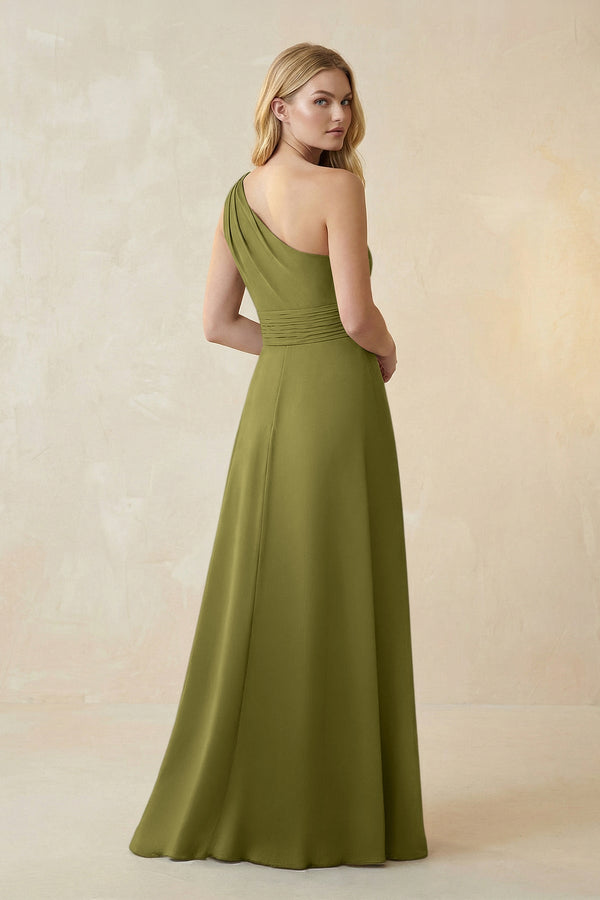 One - Shoulder Ruched A - Line Satin Bridesmaid Dress in Moss Green - KISS BRIDAL Bridesmaid Dresses