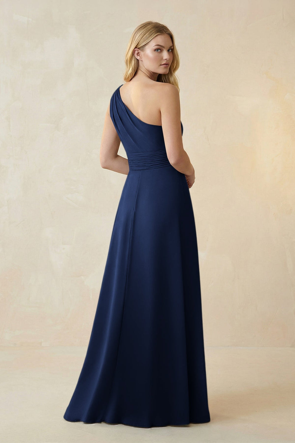 One - Shoulder Ruched A - Line Satin Bridesmaid Dress in Navy - KISS BRIDAL Bridesmaid Dresses