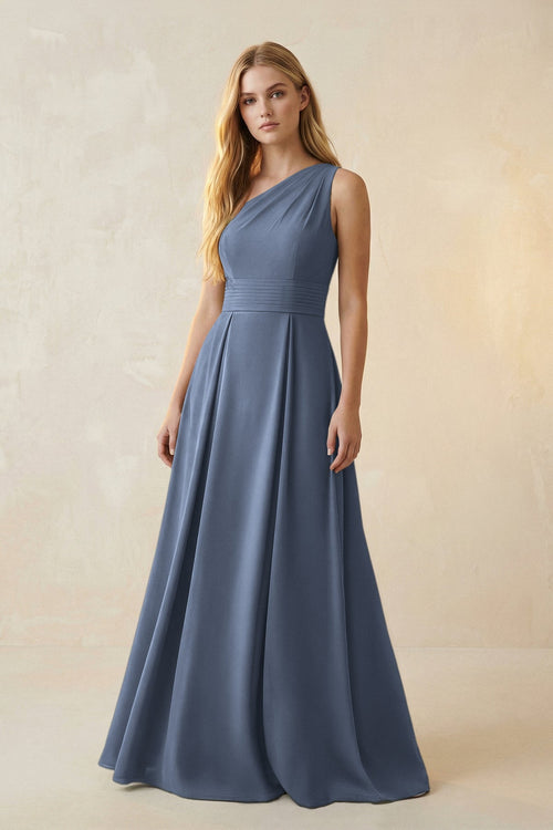 One - Shoulder Ruched A - Line Satin Bridesmaid Dress in Neptune - KISS BRIDAL Bridesmaid Dresses