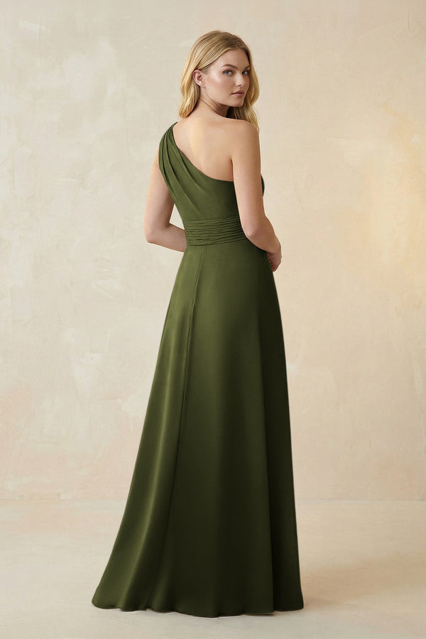 One - Shoulder Ruched A - Line Satin Bridesmaid Dress in Olive - KISS BRIDAL Bridesmaid Dresses