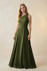 One - Shoulder Ruched A - Line Satin Bridesmaid Dress in Olive - KISS BRIDAL Bridesmaid Dresses