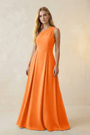 One - Shoulder Ruched A - Line Satin Bridesmaid Dress in Orange - KISS BRIDAL Bridesmaid Dresses