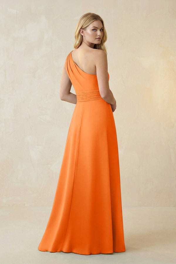 One - Shoulder Ruched A - Line Satin Bridesmaid Dress in Orange - KISS BRIDAL Bridesmaid Dresses