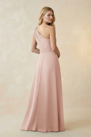 One - Shoulder Ruched A - Line Satin Bridesmaid Dress in Pale Blush - KISS BRIDAL Bridesmaid Dresses