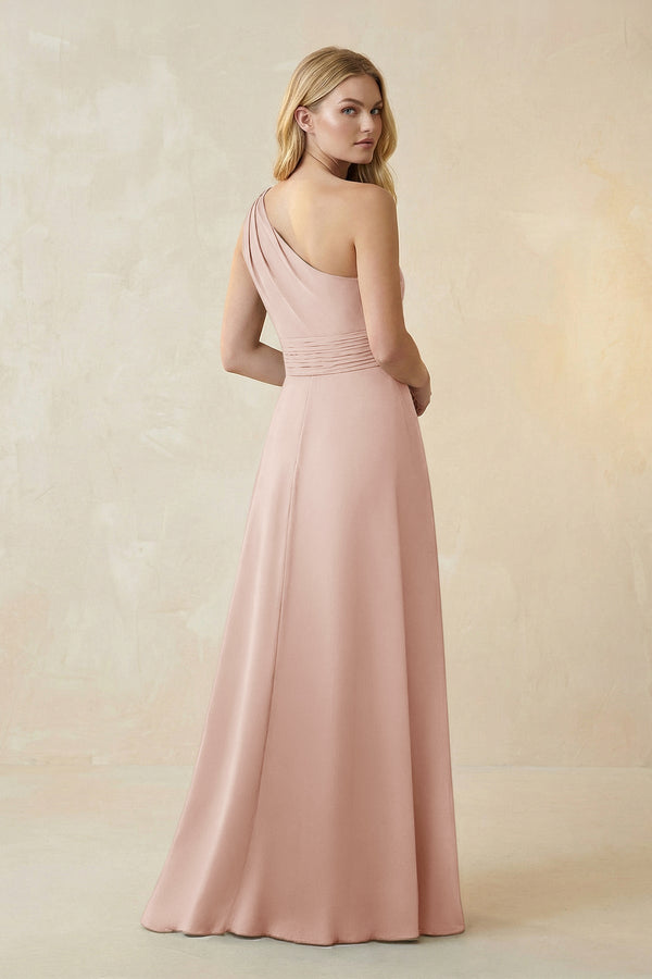 One - Shoulder Ruched A - Line Satin Bridesmaid Dress in Pale Blush - KISS BRIDAL Bridesmaid Dresses