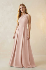 One - Shoulder Ruched A - Line Satin Bridesmaid Dress in Pale Blush - KISS BRIDAL Bridesmaid Dresses