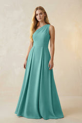 One - Shoulder Ruched A - Line Satin Bridesmaid Dress in Pale Pistachio - KISS BRIDAL Bridesmaid Dresses