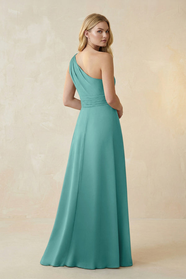 One - Shoulder Ruched A - Line Satin Bridesmaid Dress in Pale Pistachio - KISS BRIDAL Bridesmaid Dresses