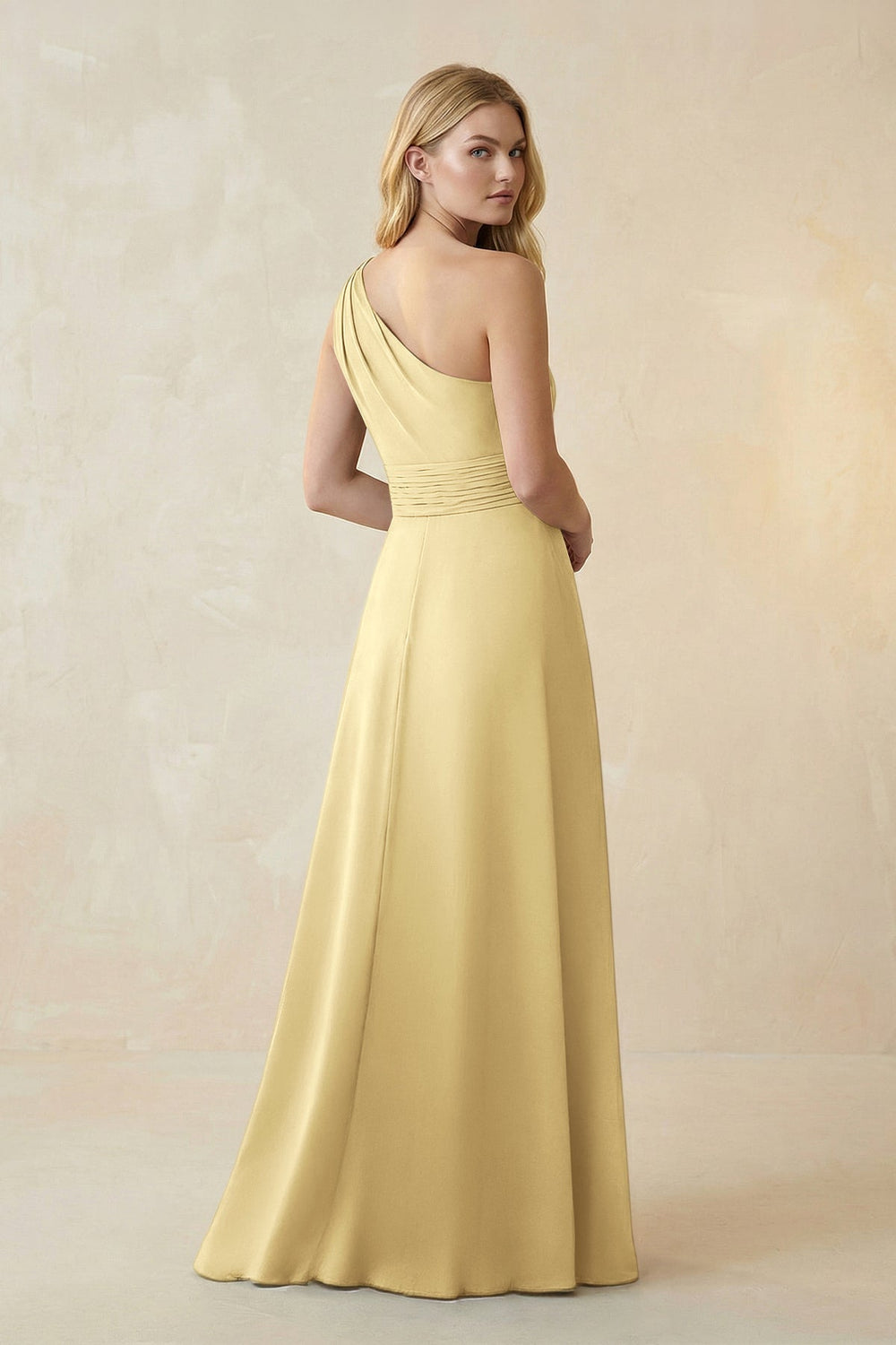 One - Shoulder Ruched A - Line Satin Bridesmaid Dress in Pastel Yellow - KISS BRIDAL Bridesmaid Dresses