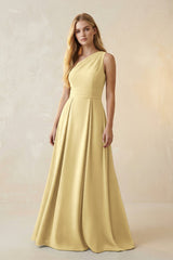 One - Shoulder Ruched A - Line Satin Bridesmaid Dress in Pastel Yellow - KISS BRIDAL Bridesmaid Dresses