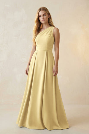 One - Shoulder Ruched A - Line Satin Bridesmaid Dress in Pastel Yellow - KISS BRIDAL Bridesmaid Dresses