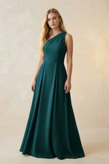One - Shoulder Ruched A - Line Satin Bridesmaid Dress in Pine - KISS BRIDAL Bridesmaid Dresses