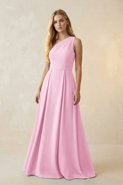 One - Shoulder Ruched A - Line Satin Bridesmaid Dress in Pink - KISS BRIDAL Bridesmaid Dresses