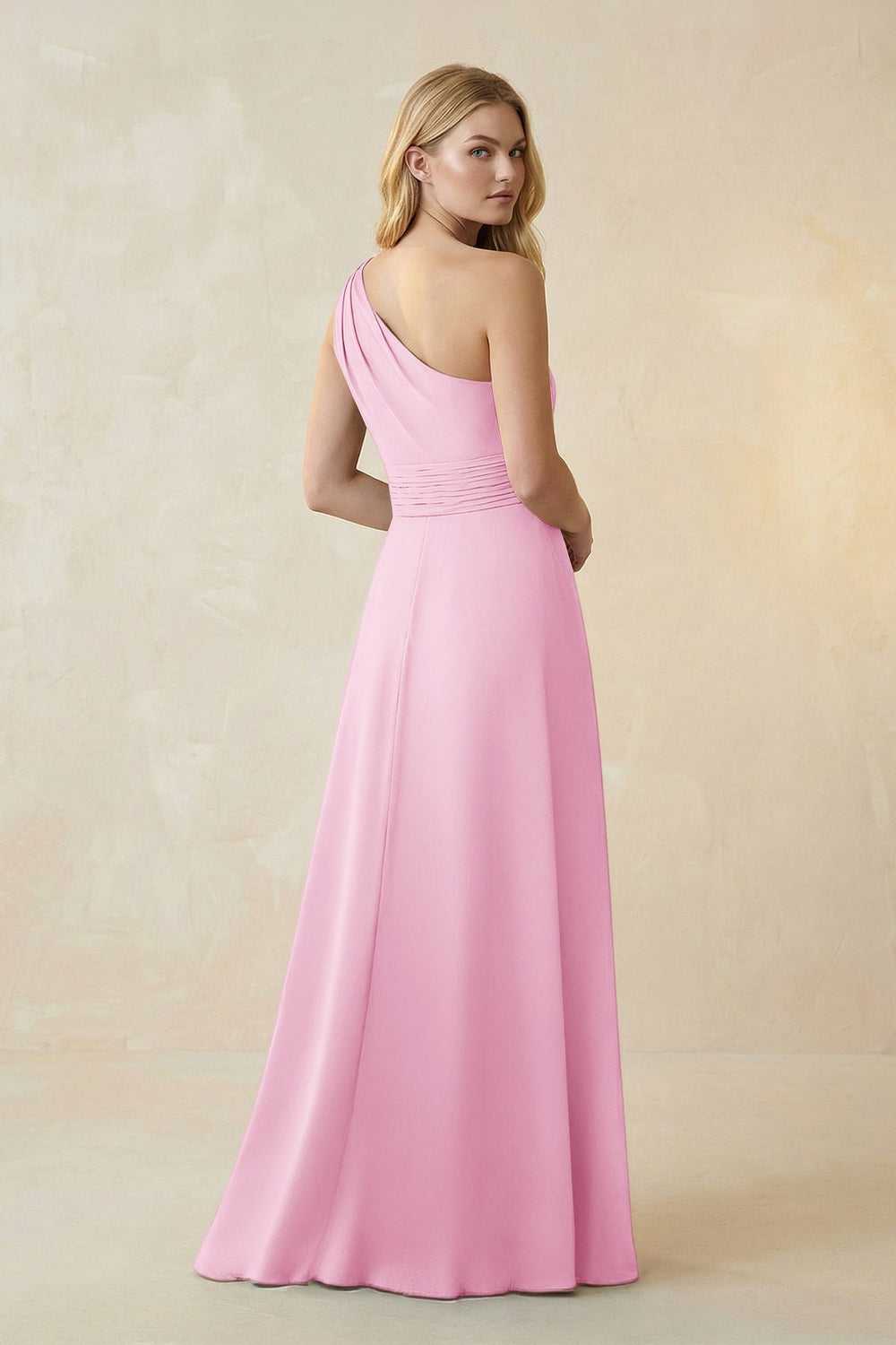 One - Shoulder Ruched A - Line Satin Bridesmaid Dress in Pink - KISS BRIDAL Bridesmaid Dresses