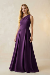 One - Shoulder Ruched A - Line Satin Bridesmaid Dress in Plum - KISS BRIDAL Bridesmaid Dresses