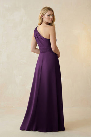 One - Shoulder Ruched A - Line Satin Bridesmaid Dress in Plum - KISS BRIDAL Bridesmaid Dresses
