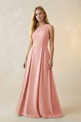 One - Shoulder Ruched A - Line Satin Bridesmaid Dress in Rose Petal - KISS BRIDAL Bridesmaid Dresses