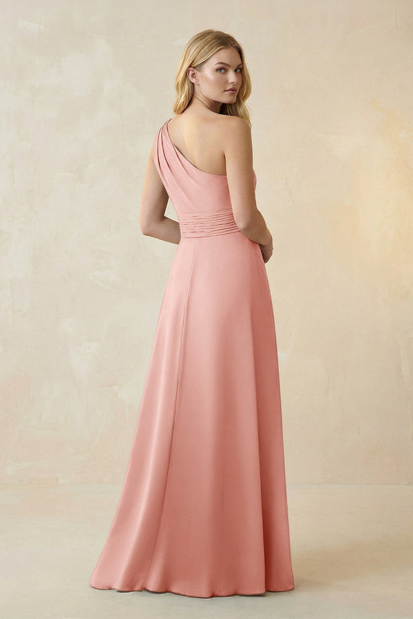 One - Shoulder Ruched A - Line Satin Bridesmaid Dress in Rose Petal - KISS BRIDAL Bridesmaid Dresses