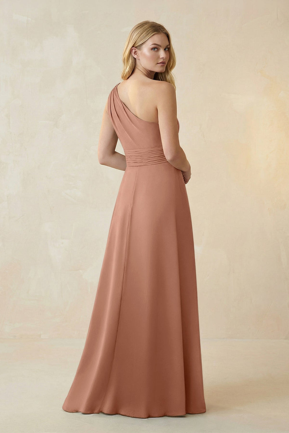 One - Shoulder Ruched A - Line Satin Bridesmaid Dress in Rosette - KISS BRIDAL Bridesmaid Dresses
