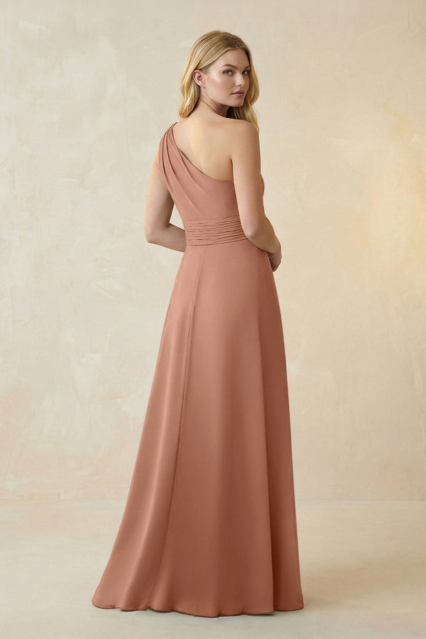 One - Shoulder Ruched A - Line Satin Bridesmaid Dress in Rosette - KISS BRIDAL Bridesmaid Dresses