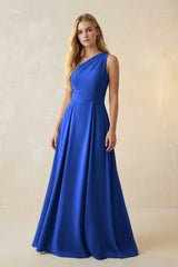 One - Shoulder Ruched A - Line Satin Bridesmaid Dress in Royal Blue - KISS BRIDAL Bridesmaid Dresses