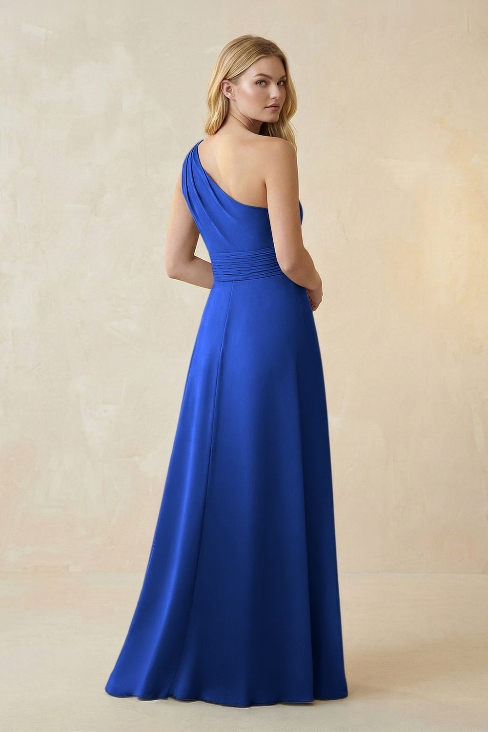 One - Shoulder Ruched A - Line Satin Bridesmaid Dress in Royal Blue - KISS BRIDAL Bridesmaid Dresses