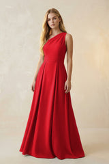 One - Shoulder Ruched A - Line Satin Bridesmaid Dress in Ruby Red - KISS BRIDAL Bridesmaid Dresses