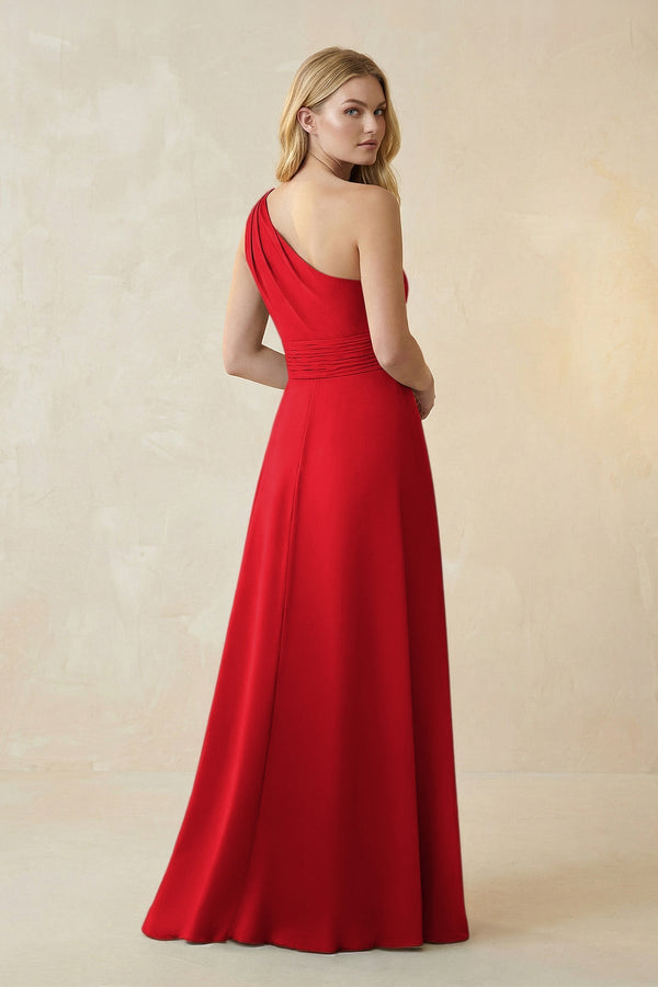 One - Shoulder Ruched A - Line Satin Bridesmaid Dress in Ruby Red - KISS BRIDAL Bridesmaid Dresses
