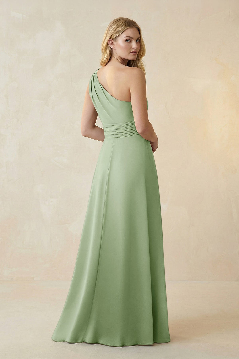 One - Shoulder Ruched A - Line Satin Bridesmaid Dress in Sage - KISS BRIDAL Bridesmaid Dresses