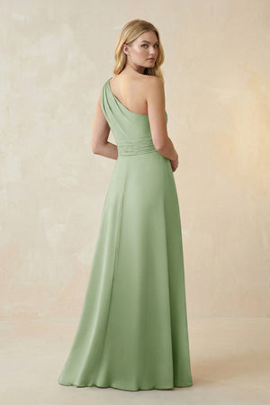 One - Shoulder Ruched A - Line Satin Bridesmaid Dress in Sage - KISS BRIDAL Bridesmaid Dresses