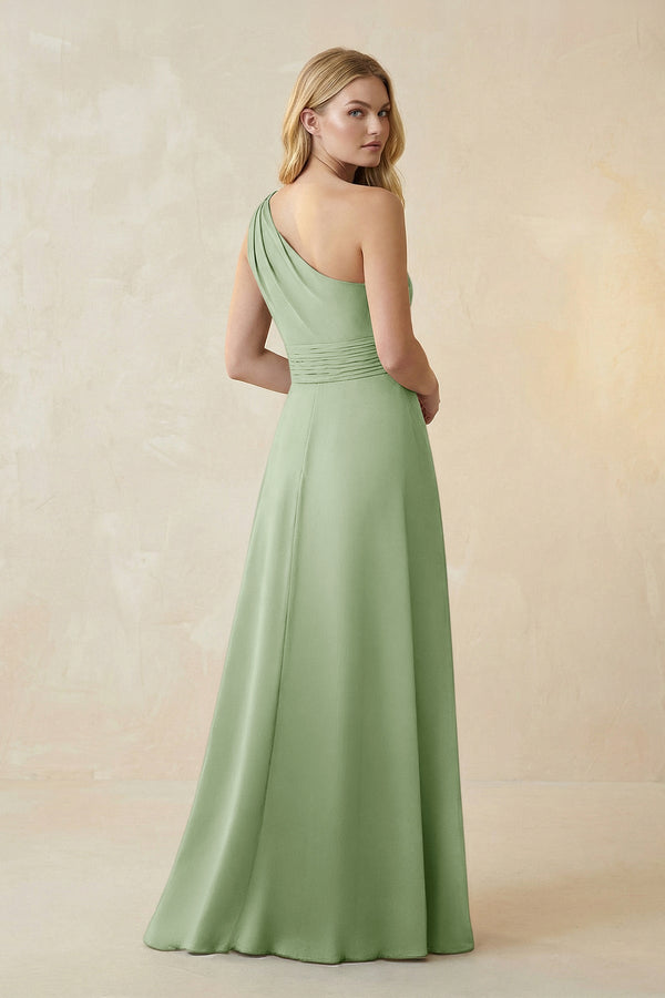 One - Shoulder Ruched A - Line Satin Bridesmaid Dress in Sage - KISS BRIDAL Bridesmaid Dresses