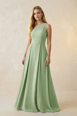 One - Shoulder Ruched A - Line Satin Bridesmaid Dress in Sage - KISS BRIDAL Bridesmaid Dresses