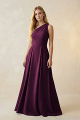 One - Shoulder Ruched A - Line Satin Bridesmaid Dress in Sangria - KISS BRIDAL Bridesmaid Dresses