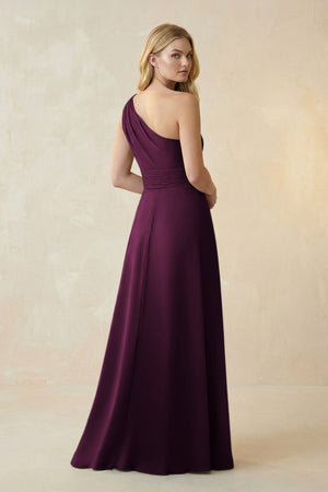 One - Shoulder Ruched A - Line Satin Bridesmaid Dress in Sangria - KISS BRIDAL Bridesmaid Dresses
