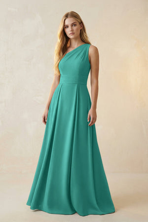 One - Shoulder Ruched A - Line Satin Bridesmaid Dress in Sea Glass - KISS BRIDAL Bridesmaid Dresses