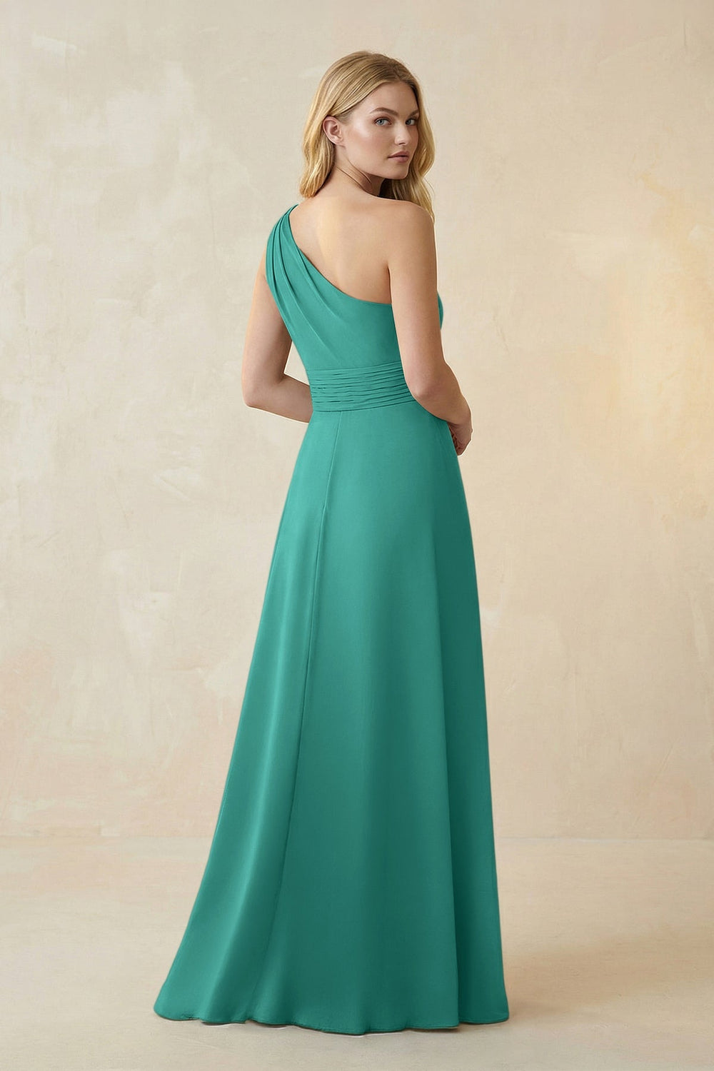 One - Shoulder Ruched A - Line Satin Bridesmaid Dress in Sea Glass - KISS BRIDAL Bridesmaid Dresses