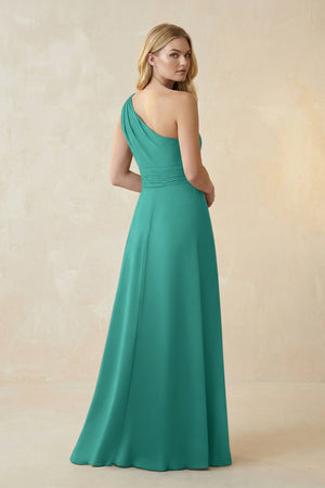 One - Shoulder Ruched A - Line Satin Bridesmaid Dress in Sea Glass - KISS BRIDAL Bridesmaid Dresses
