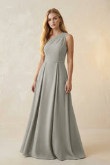 One - Shoulder Ruched A - Line Satin Bridesmaid Dress in Silver - KISS BRIDAL Bridesmaid Dresses