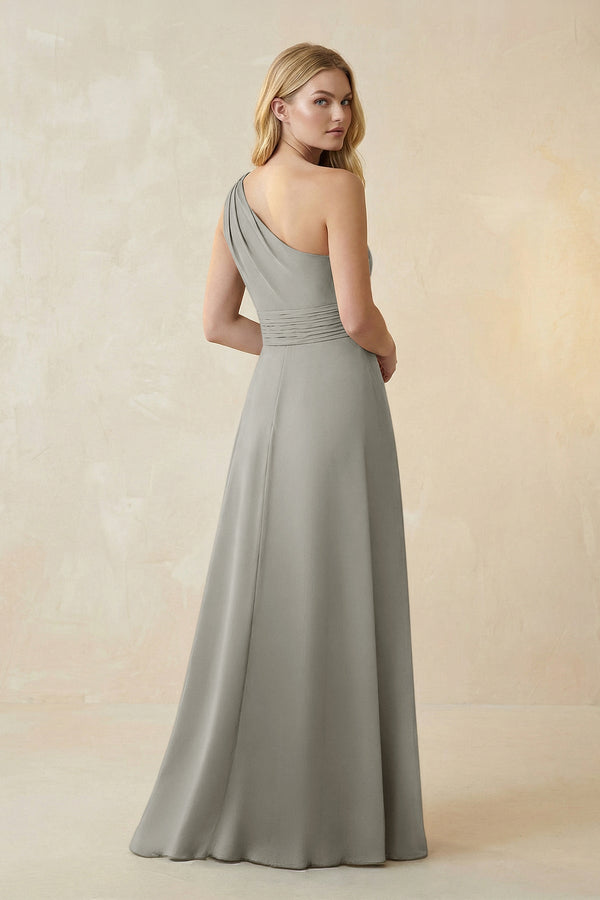 One - Shoulder Ruched A - Line Satin Bridesmaid Dress in Silver - KISS BRIDAL Bridesmaid Dresses