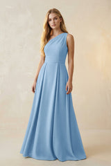 One - Shoulder Ruched A - Line Satin Bridesmaid Dress in Sky Blue - KISS BRIDAL Bridesmaid Dresses