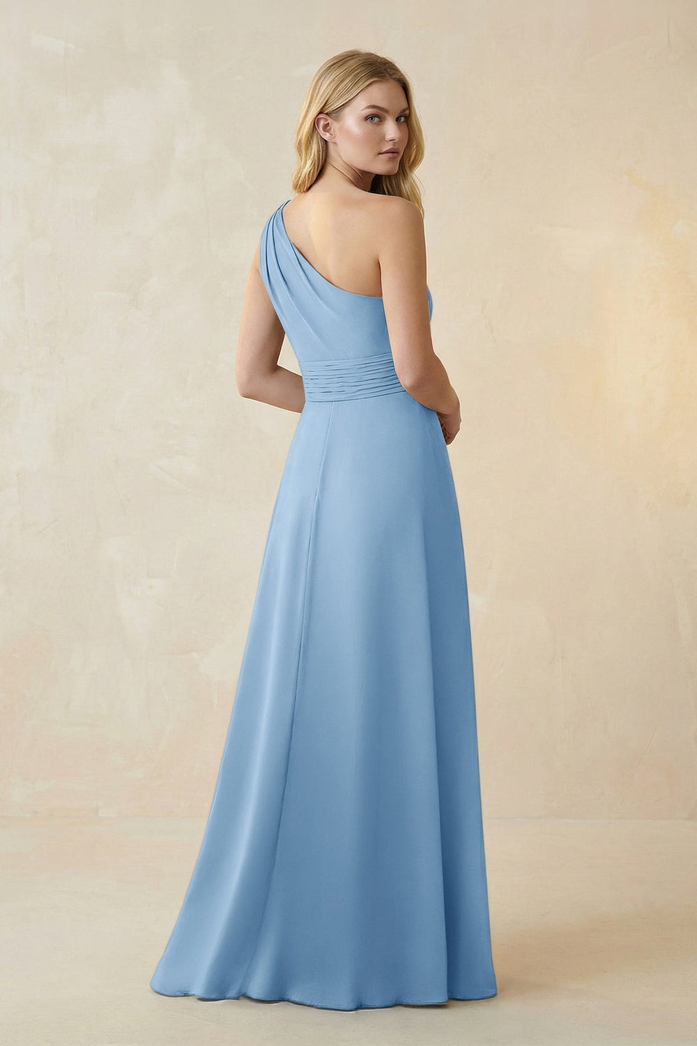 One - Shoulder Ruched A - Line Satin Bridesmaid Dress in Sky Blue - KISS BRIDAL Bridesmaid Dresses