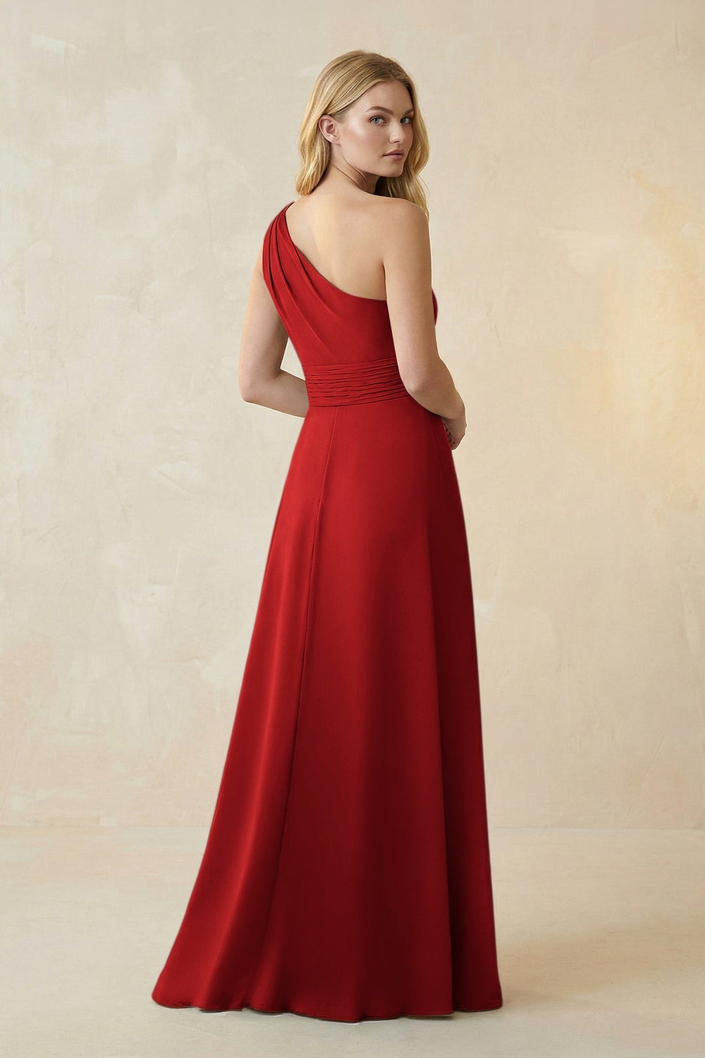 One - Shoulder Ruched A - Line Satin Bridesmaid Dress in Spice - KISS BRIDAL Bridesmaid Dresses