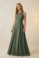 One - Shoulder Ruched A - Line Satin Bridesmaid Dress in Thyme - KISS BRIDAL Bridesmaid Dresses