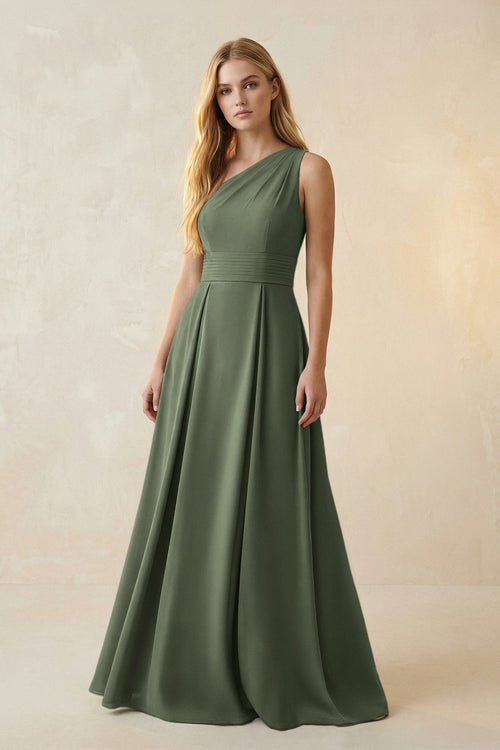 One - Shoulder Ruched A - Line Satin Bridesmaid Dress in Thyme - KISS BRIDAL Bridesmaid Dresses