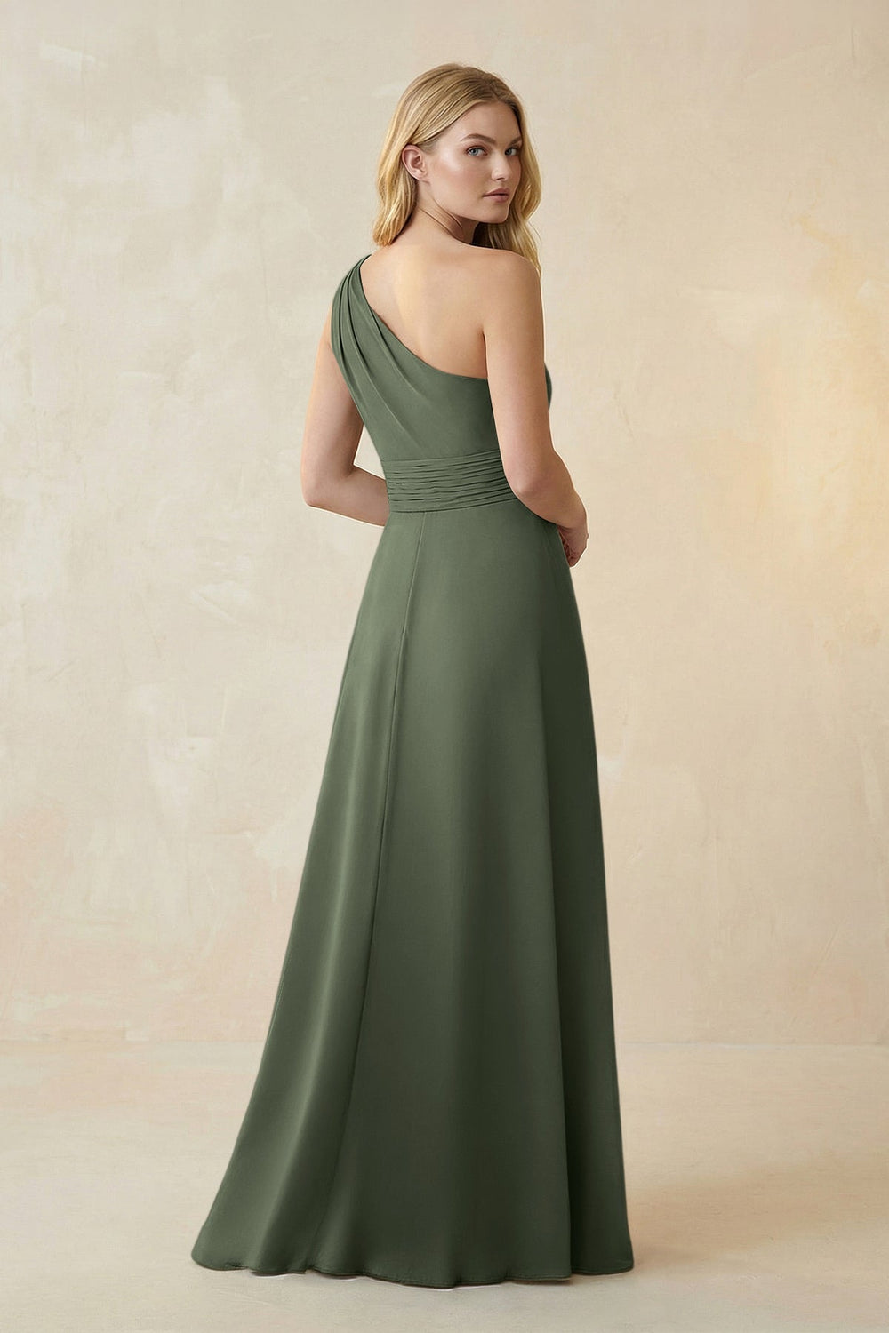 One - Shoulder Ruched A - Line Satin Bridesmaid Dress in Thyme - KISS BRIDAL Bridesmaid Dresses